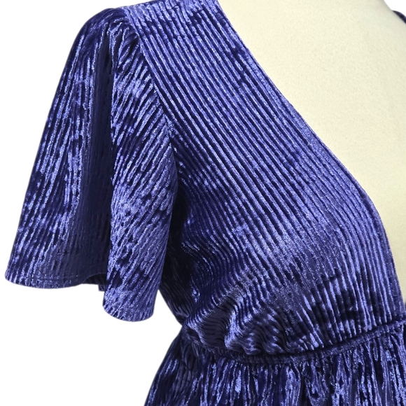 Urban Outfitters Purple Velvet Ribbed Peplum Top Deep V-Neck Flutter Sleeve M - Picture 3 of 8